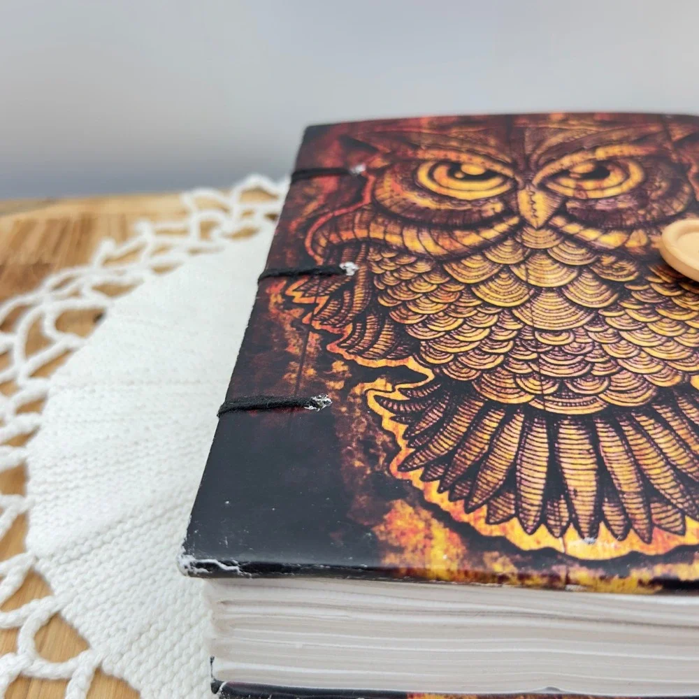 Handmade Owl Journal Brown Coptic Bound Hardcover Blank Sketchbook 8x5in Boho